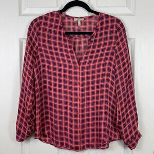 Joie pink and purple silk plaid long sleeve button down blouse sz xs